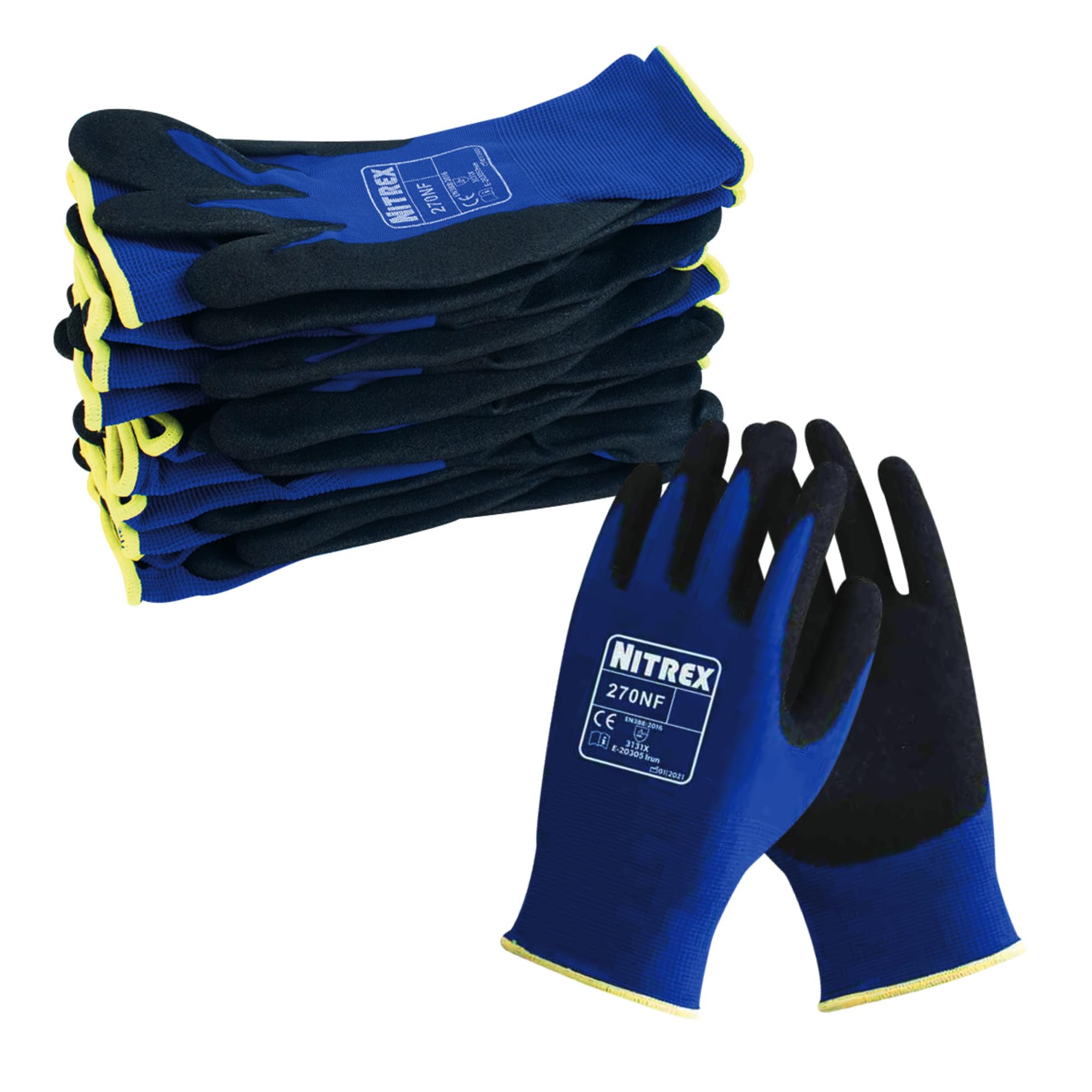 NITREX 270NF 10 Pairs of Gardening Gloves, Sandy Nitrile Palm Coating, Abrasion and Tearing Protection, Reduces Hand Fatigue, Blue/Black, Size 11