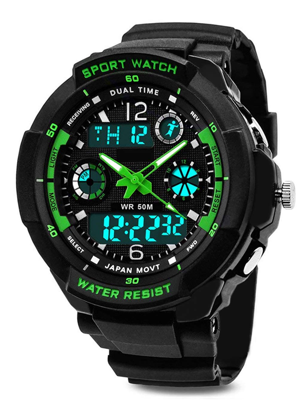 Boys Digital Watch, Waterproof Kids Watches with 12/24 Hours/Dual Time Zone/Alarm/Stopwatch, Shock Resistant Childrens Outdoor Sports Analogue Wrist Watch for Junior Teenagers Boy Gifts Green