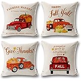 ONWAY Fall Red Truck and Pumpkin Throw Pillow Covers 18 x 18 Outdoor Fall Porch Decor for Thanksgiving, Set of 4