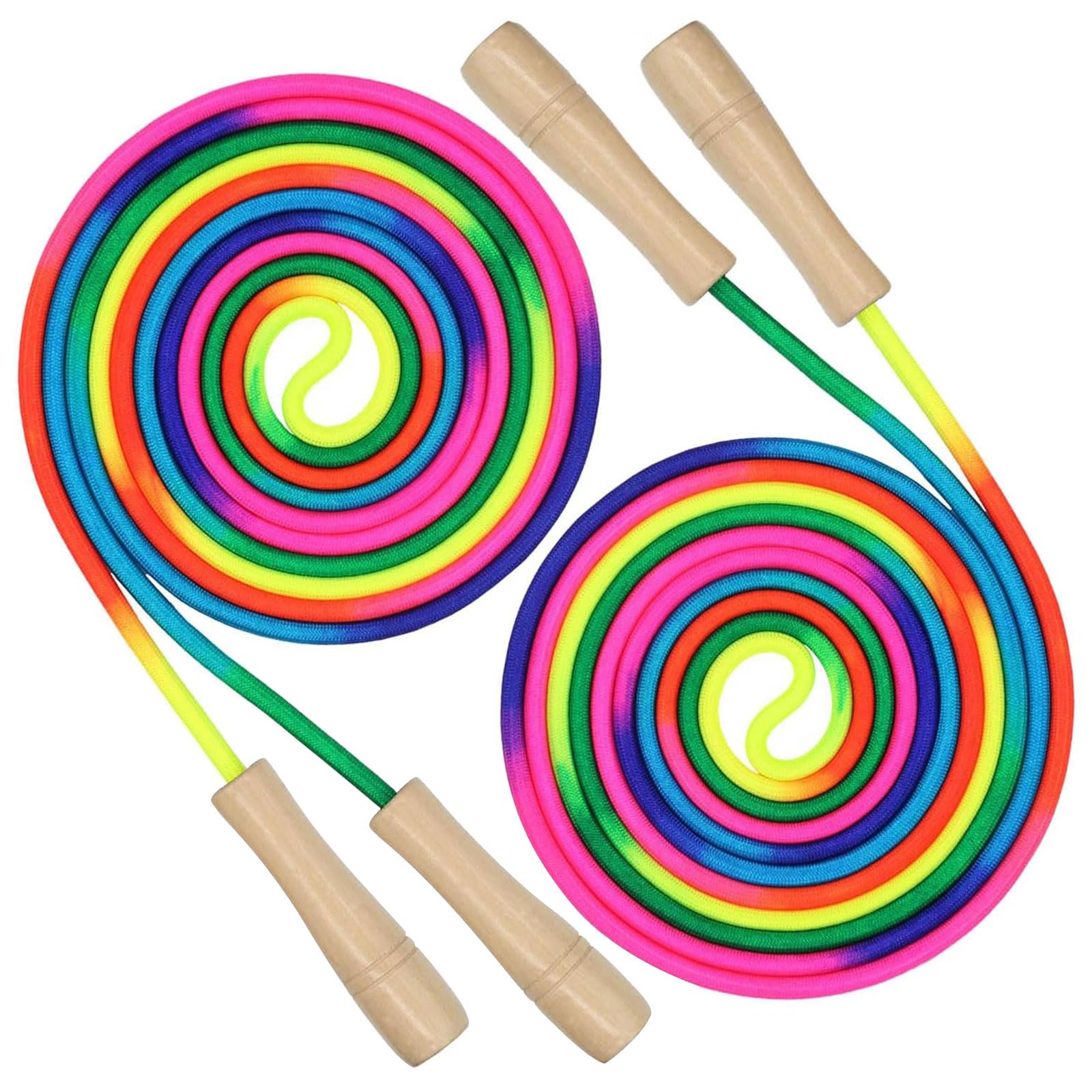 2 Pack Long Skipping Rope - 16 FT Rainbow Jumping Rope, Multiplayer Skipping Ropes with Wooden Handle, Adjustable Skipping Rope for Outdoor Fun, School Sport, Fitness Workouts