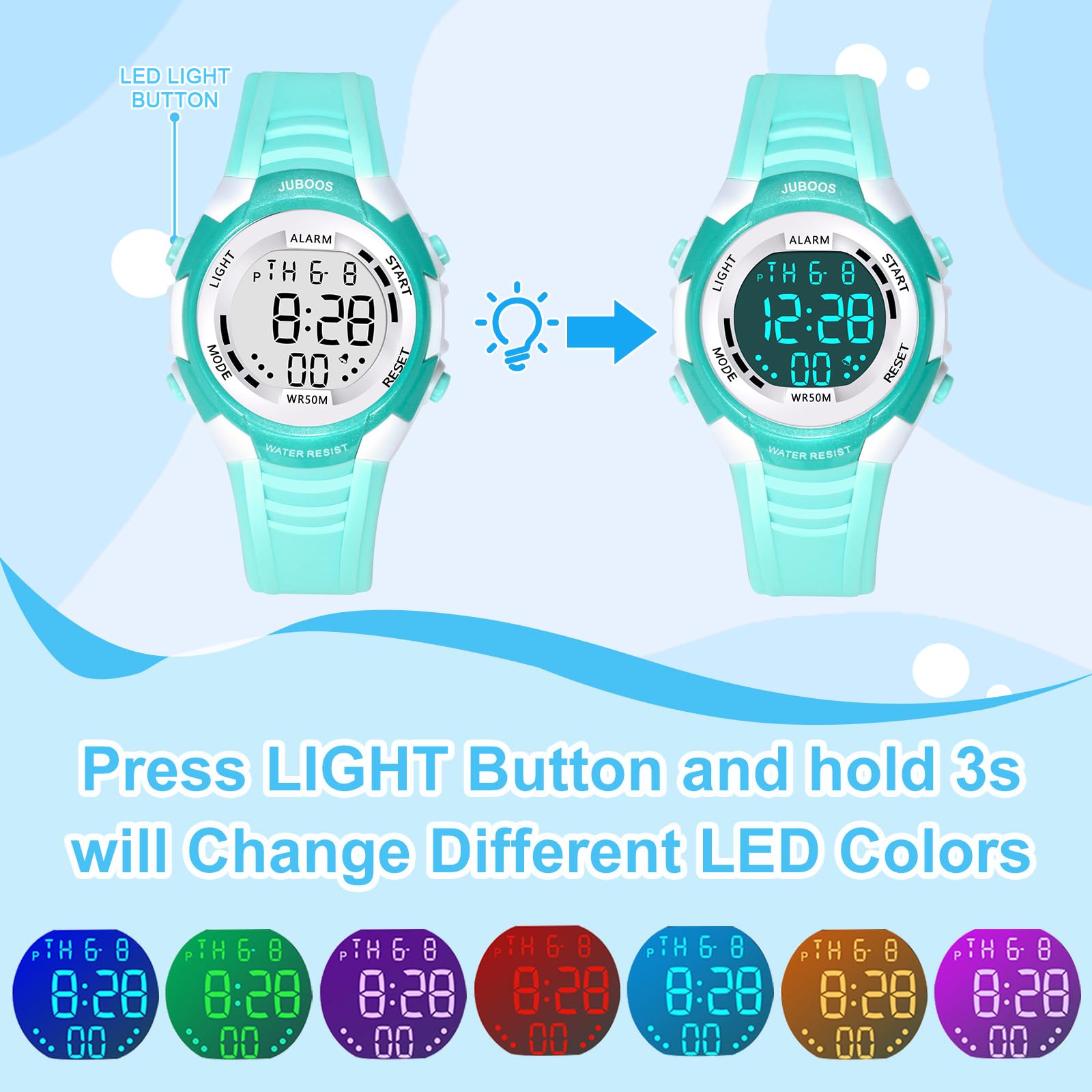 Juboos Kids Digital Watch for Boys Girls 5-18, 7 Colors LED Light Kids Sports Outdoor Wristwatch, Waterproof Watch with Alarm,Stopwatch