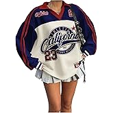 MakeMeChic Women's Plus Size Jersey Shirts Long Sleeve Collar V Neck Striped Number Graphic Tees