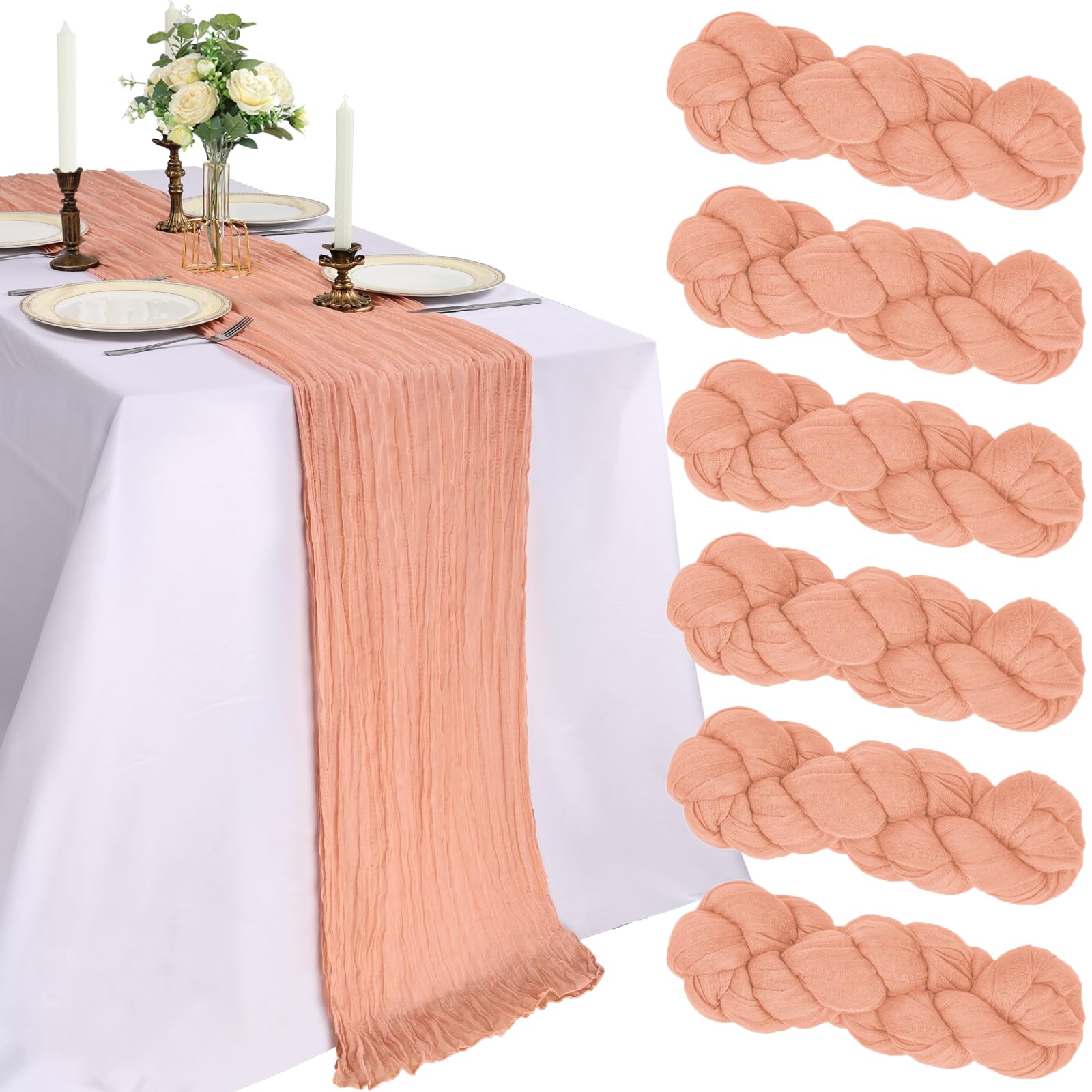 Photo 1 of 6 Pack 10FT Peach Cheesecloth Table Runner 120 Inch Long Gauze Rustic Boho Cheese Cloth Table Runner Sheer Fabric for Wedding Party Birthday Bridal Baby Shower Centerpiece Home Decor