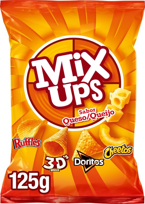Misturas favoritas, Lay's 3D Mix Snack, Batatas Ruffles, Doritos, Nachos e Cheetos Stick com sabor a queijo, Produto de entrada, Single Bag, 125 gramas