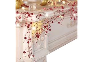 Collections Etc Indoor Christmas Decorations, Festive Lighted Berry Beaded Garland Red- 120" L
