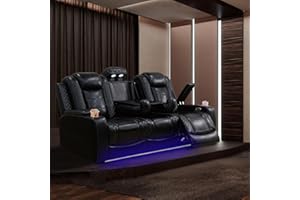 LYNGINS 3-Seater Power Reclining Sofa for Living Room, PU Leather Home Theater Couch with Drop Down Table, Cup Holders, USB & Type-C Ports, Wireless Charging, LED Lighting, Black