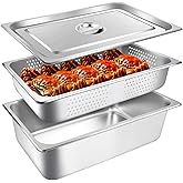 3 Pack Full Size 4 Inch, 6 Inch Hotel Pan with Lid Perforated Steam Table Pan Chafing Pans Steam Table Tray Stainless Steel Restaurant Supplies for Buffets Catering Commercial Kitchen
