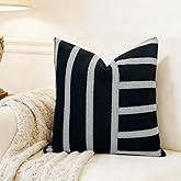 Slow Cow Linen Black and Off White Patchwork Stripe Throw Pillow Cover Cushion Cover Square 18 x 18 Inches