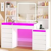 BEWISHOME 49.2" Vanity with Mirror and RGB Lights,Full-View Glass Desktop | White Makeup Vanity Table with 10 RGB Drawers,4 Shelves 5 Hooks and Power Outlet,Dressing Table for Girls Women Bedroom