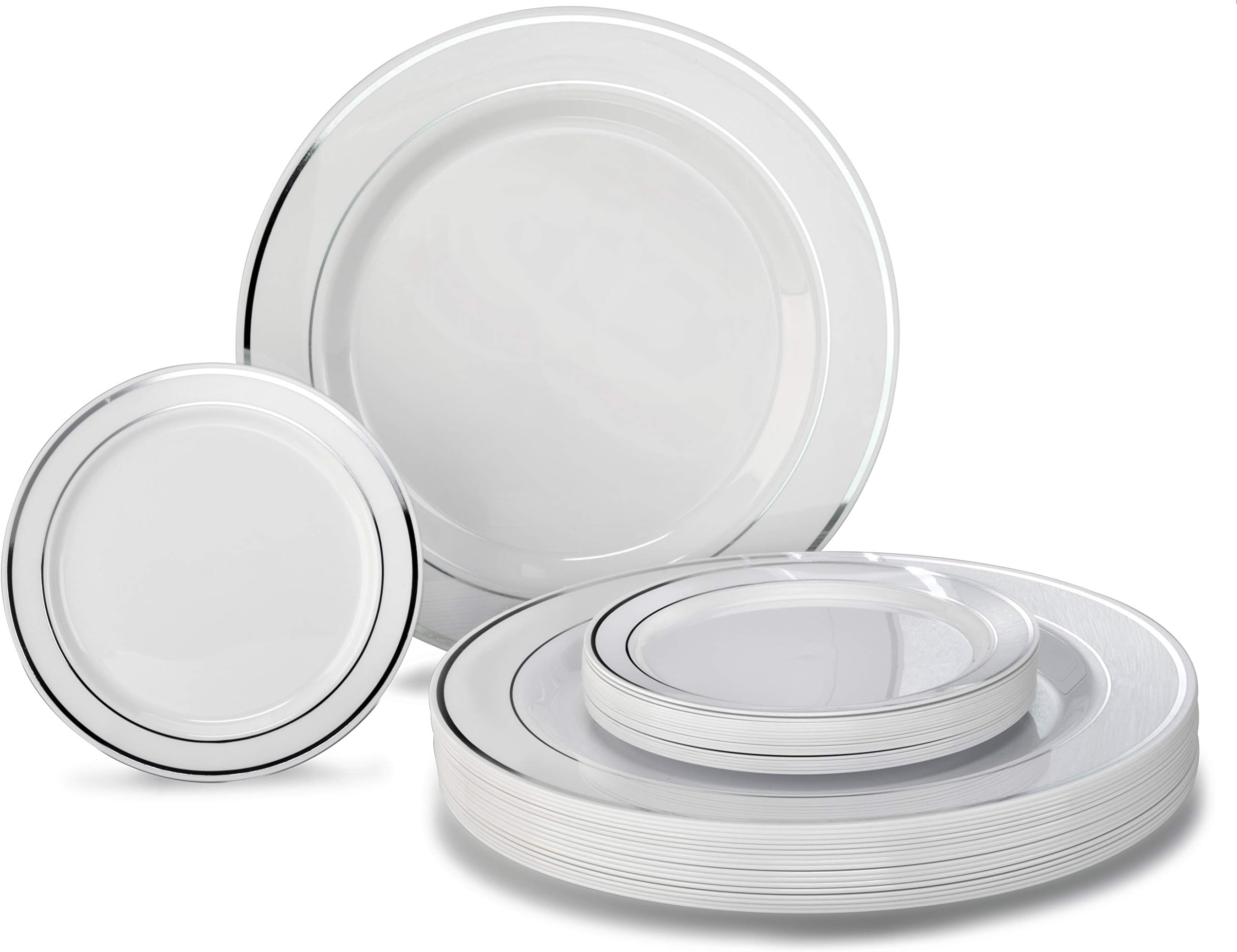 " OCCASIONS" 120 Plates Pack, Heavyweight Premium Disposable Plastic Plates Set 60 x 10.5'' Dinner + 60 x 6.25'' Dessert/Cake Plates (White & Silver Rim)