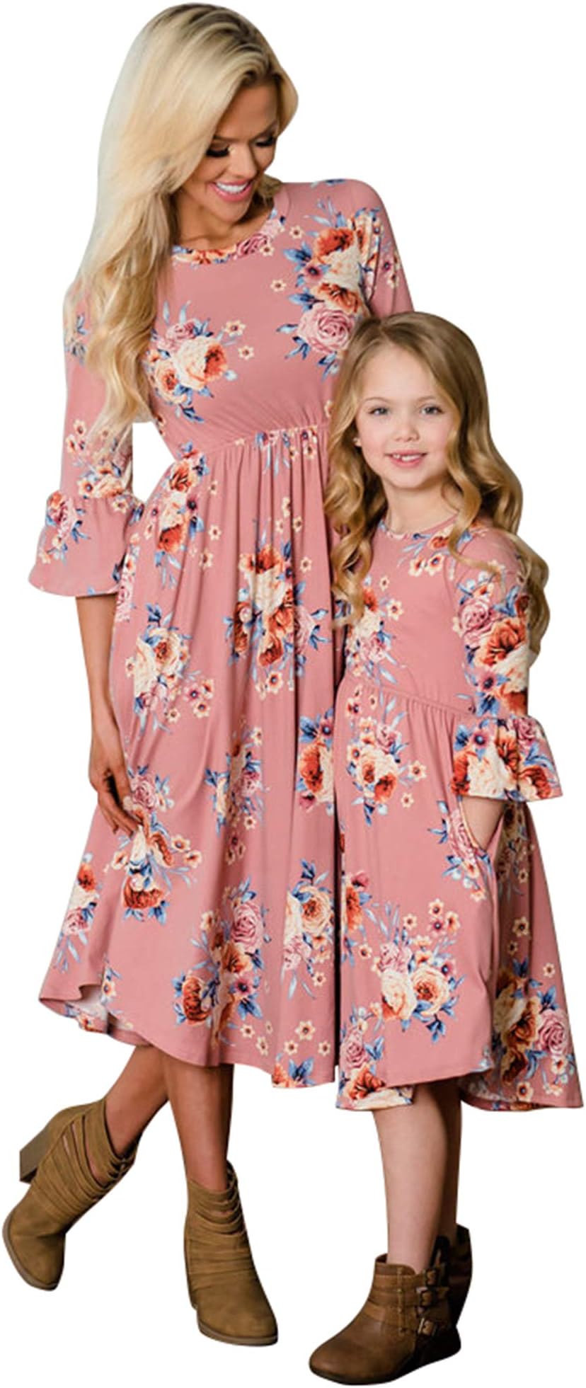 Family Matching Flower Print O-Neck Bell Sleeve Long Dress Mommy and Me One Piece Spring Fall Dress
