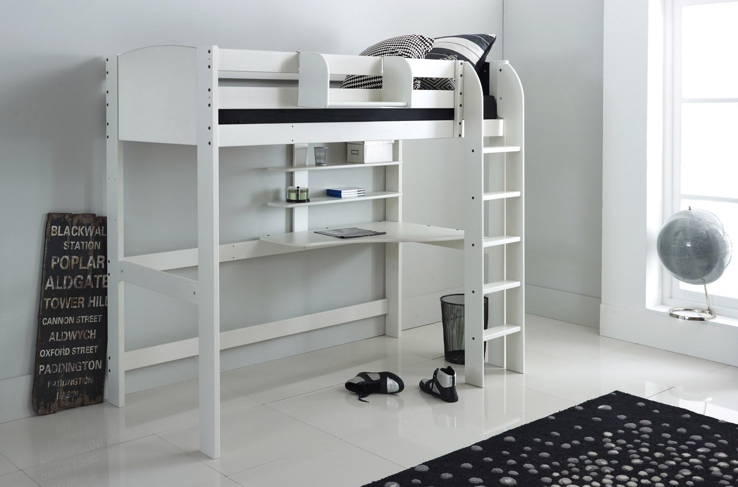 Scallywag Kids High Sleeper Bed - White - Straight Ladder - Integral Desk & Shelves. Made In The UK.