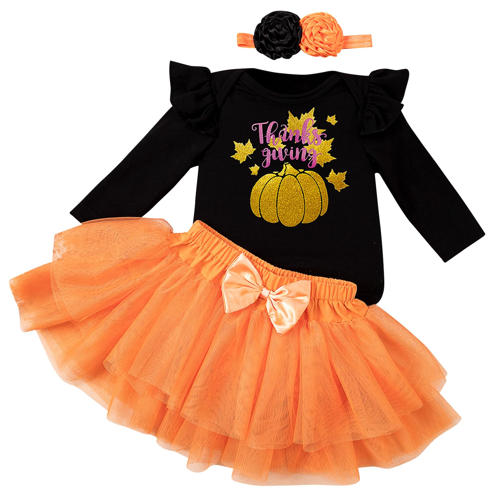 View 1 of ***MISSING FLOWERS*** Kunyeah 3Pcs Baby Girl Halloween Outfit Infant Print Romper Dress Bow Tutu Skirt with Headband Newborn Thanksgiving Bodysuit (Orange, 1-3Months)