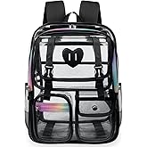 Ujemin Clear Backpack for Girls Women Heavy Duty Transparent Bookbag School Backpack with Mesh Pockets Stadium Approved See Through Backpack (Black)