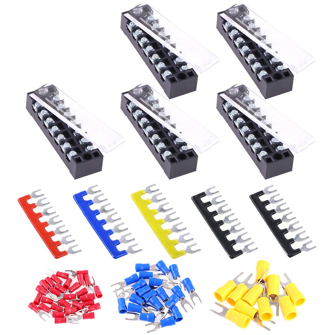 Glarks 70Pcs(5Sets) Terminal Block Set, 5Pcs 7 Positions 600V 15A Dual Row Screw Terminals Strip + 5Pcs Pre-Insulated Barrier Strips + 60Pcs Insulated Fork Wire Connector (7P+Fork Connector)