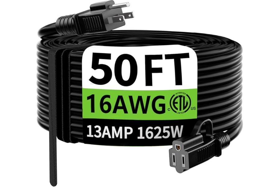 HUANCHAIN Indoor Outdoor Black Extension Cord 50 ft Waterproof, 16/3 Gauge Flexible Resistant Appliance Extension Cord Outside, 13A 1625W 16AWG SJTW, 3 Prong Electric Cable, ETL Listed