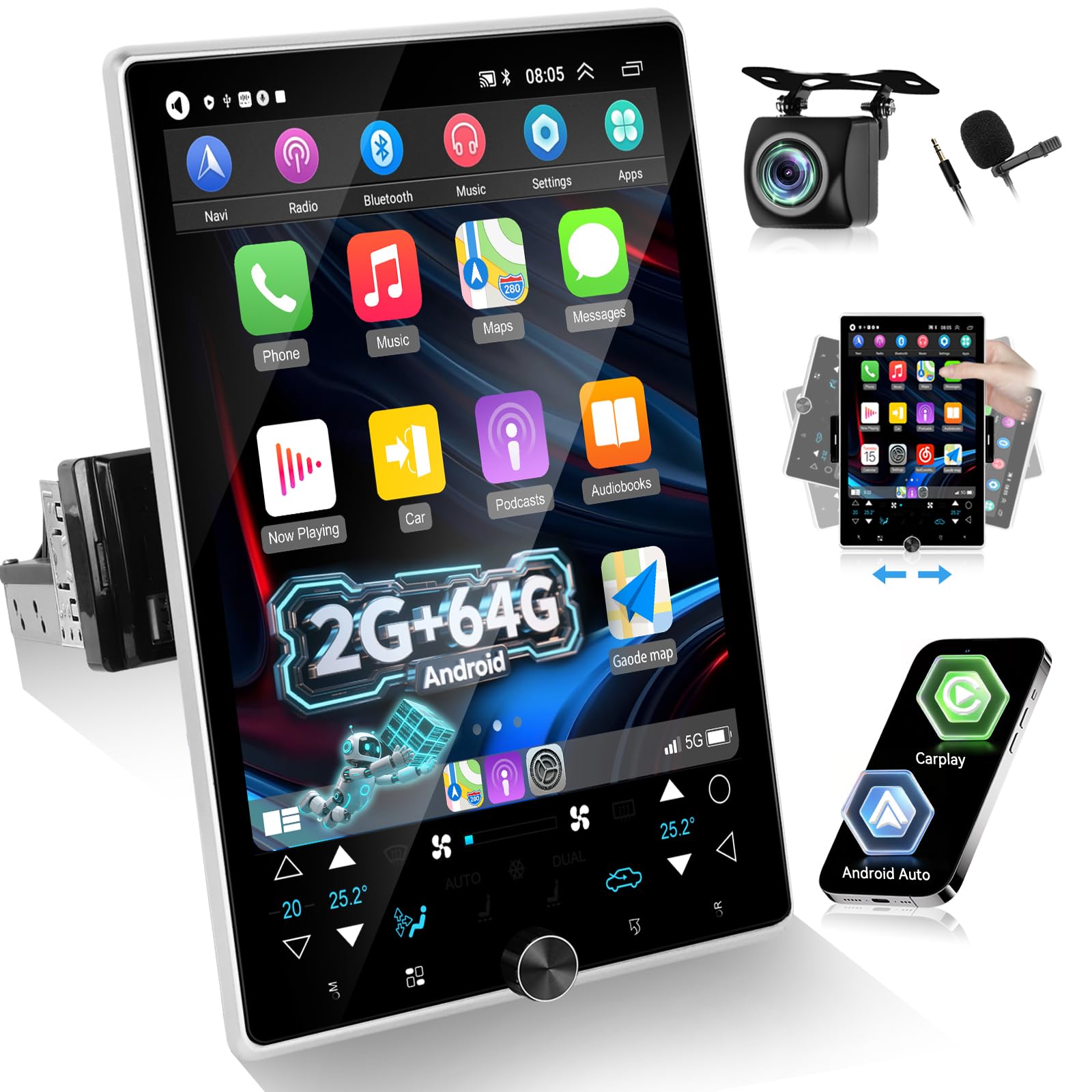 Photo 1 of [2G+64G] Single Din Android Car Stereo Rotatable 10.4 inch Vertical Touch Screen Radio with Carplay/Android Auto/EQ Audio/Bluetooth/SWC/FM RDS Radio +AHD Backup Camera