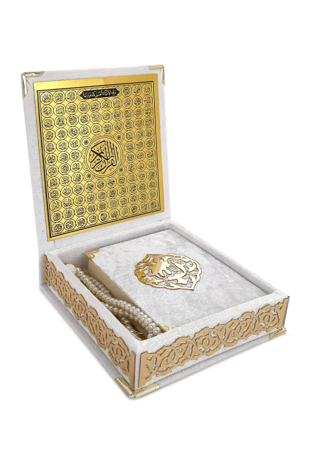 ihvan online, The Holy Qur'an Set, Islamic Prayer Gift Box with Pocket-sized Velvet Covered Quran, Tesbih, Inner Lid Names of Allah (Asmaul Husna), 3 Pieces for Ramadan & Eid & Dowry Gifts, White