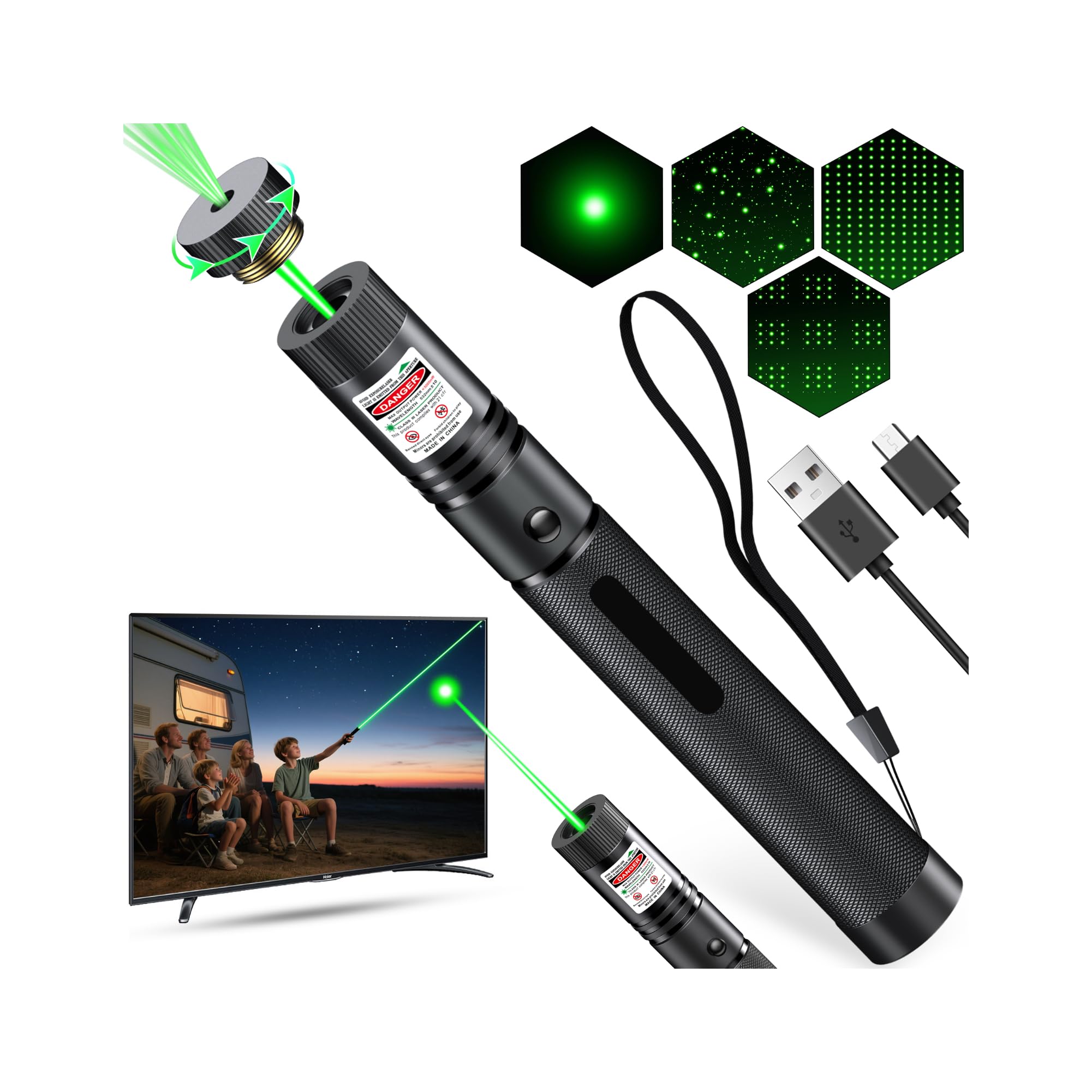 Photo 1 of [Professional]USB-C Rechargeable High Power Green Pointer, Long Range with Star Cap&5 Adjustable Modes, Tactical Flashlight for Construction, Astronomy, Outdoor Hunting,Hiking&Camping, Presentations