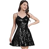 ODIZLI Women's Spaghetti Straps Sparkly Sequins A Line Swing Party Nightclub Dance Mini Dress Above Knee Length