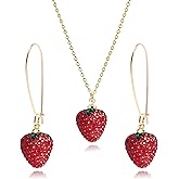WCRAZYE Strawberry Earrings Necklace Sets for Women Cute Lifelike Cubic Zirconia Red Crystal Fruit Strawberry Earrings