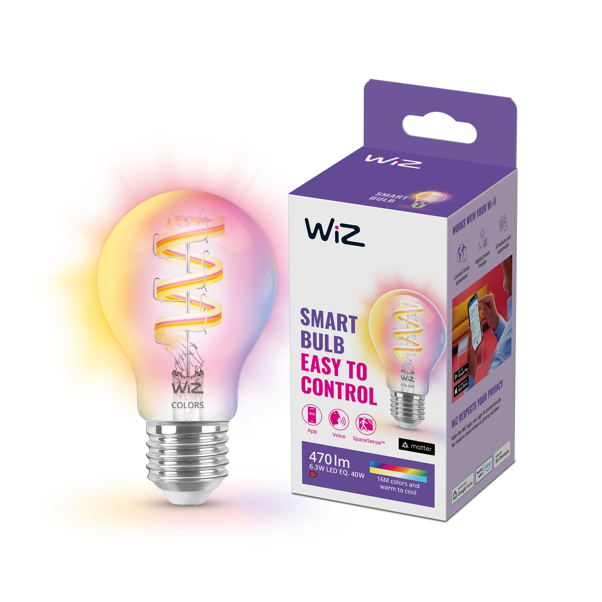 WiZ Smart Colour Filament Vintage Bulb, E27, E17, 6.3W, Connected WiFi Works with Alexa, Google Assistant & HomeKit, App Control for Home Lighting, Living Room, Kitchen