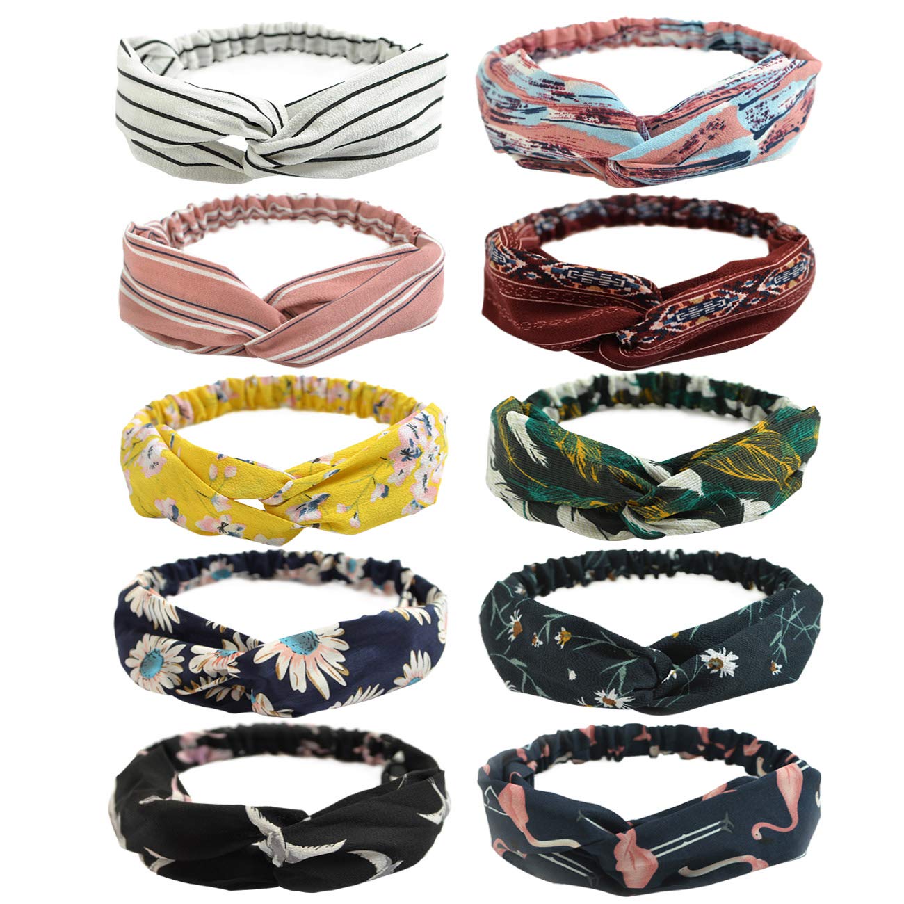 DRESHOW 10 Pack Women Headband Boho Floral Style Criss Cross Head Wrap Hair Band