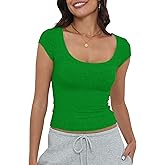 Artfish Women's Short Sleeve T-Shirts Low Scoop Neck Slim Fitted Ribbed Knit Casual Longer Crop Top