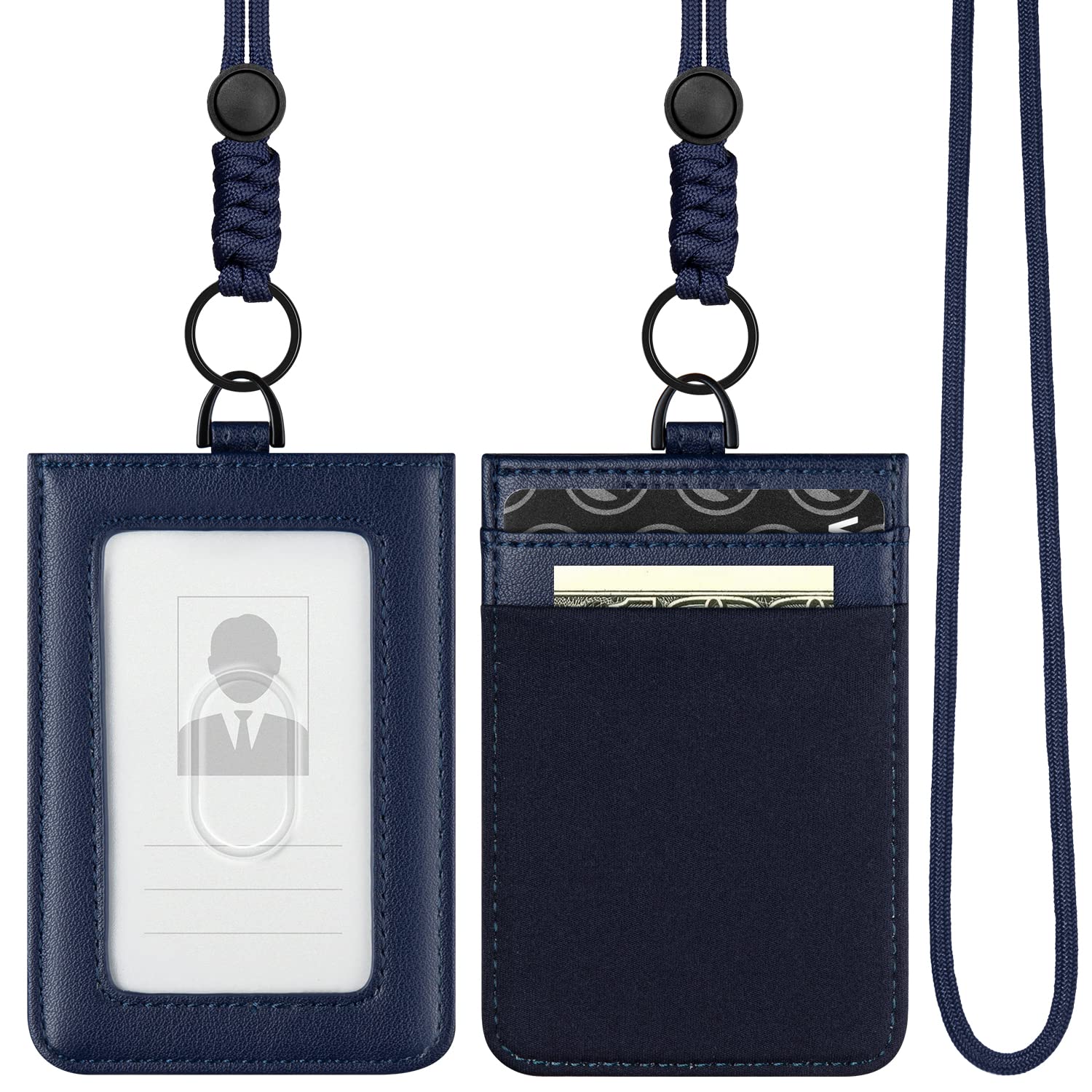 VULKIT ID Badge Holder with Lanyard for Women and Men Vertical Leather Badge Holder with Clear ID Window Card Holder Slot and Money Pocket