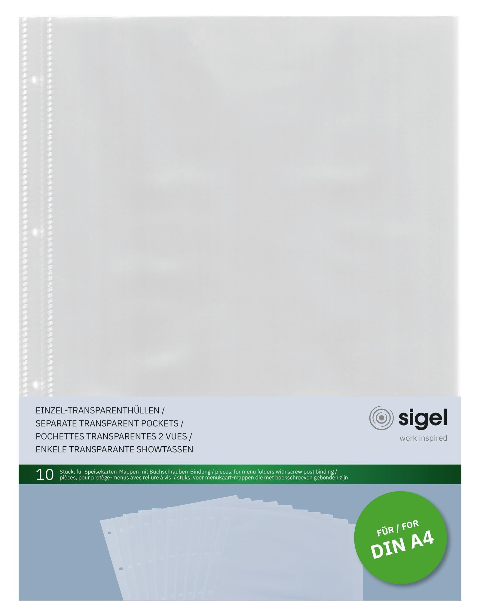 SIGEL SM190 Single Transparent Pockets, for menu folders with screw post binding , for A4, 10 Pieces