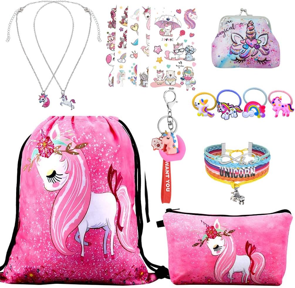 Gifts for Girls,Unicorn Drawstring Backpack with Makeup Bag,Unicorn Necklace,Bracelet,Hair Ties,Coin Purse ect.