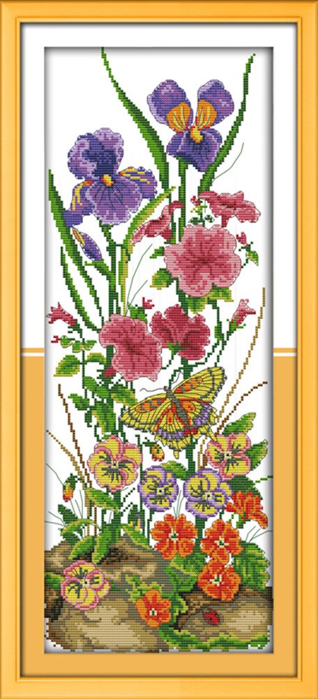 CaptainCrafts Cross Stitch Kits Stamped Cross Stitch Preprinted Fabric DIY Art Embroidery Kits Needlework Crafts (Preprinted 11CT, Butterflies Over Flowers)