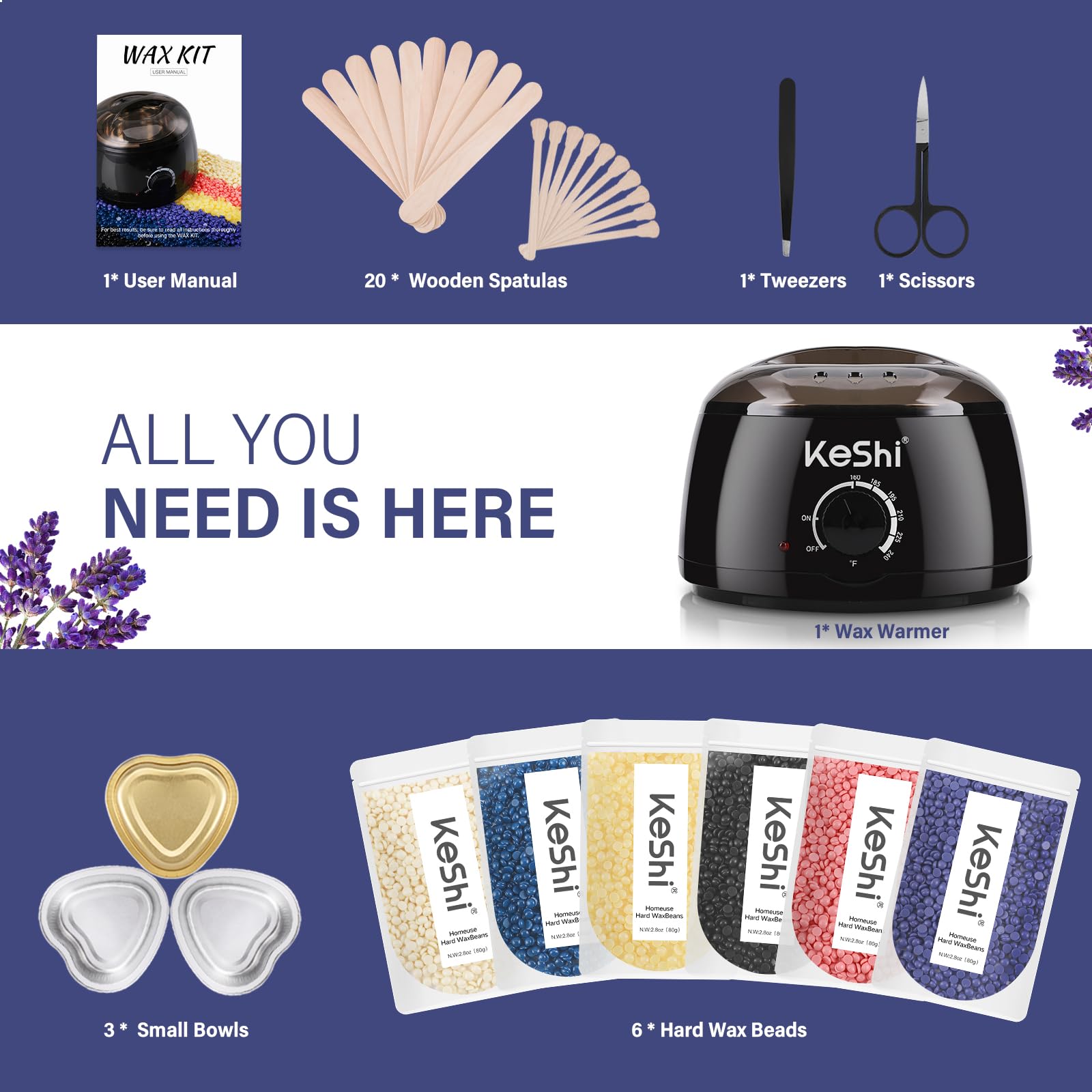 KeShi Waxing Kit, Painless Hair Removal Wax Warmer with 6 Bags Hard WaxBeans for Full Body, Legs, Face, Eyebrows & Bikini— Ideal for Both Women & Men