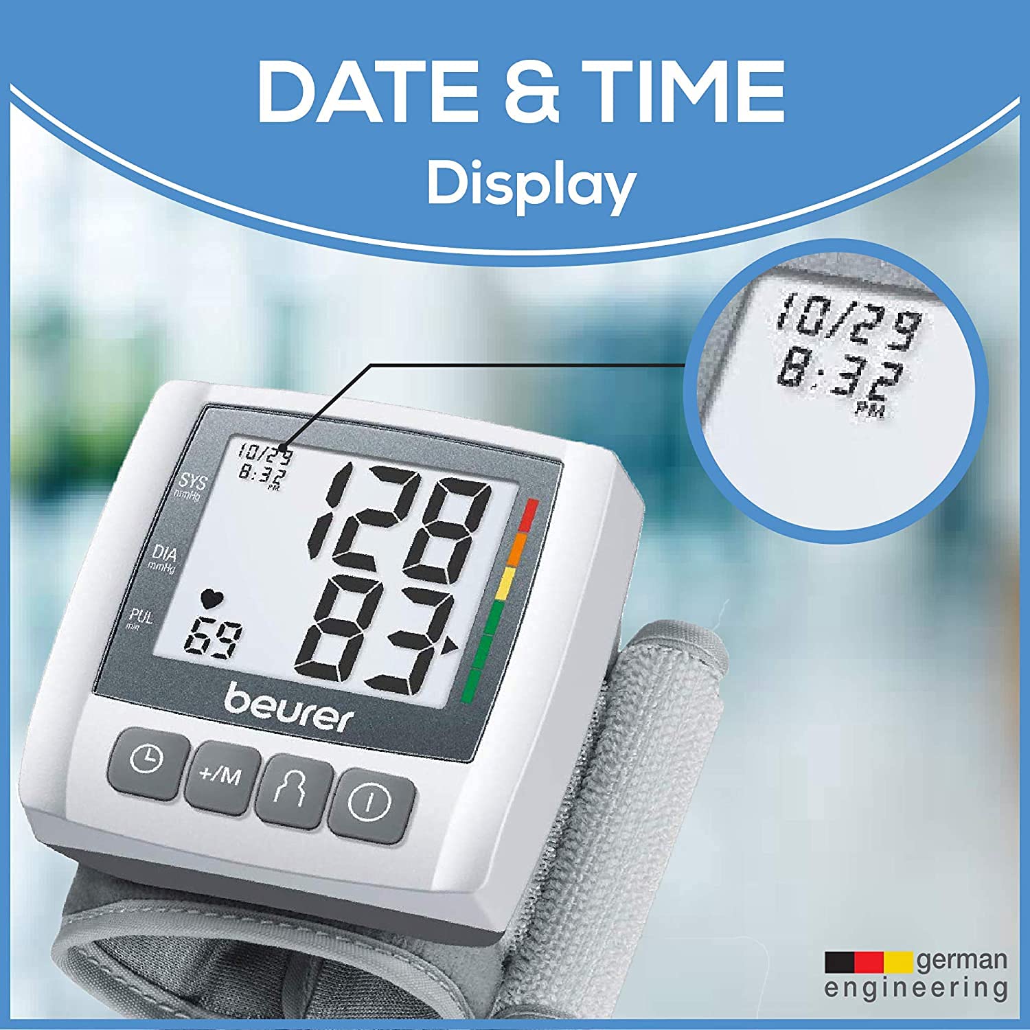 Beurer Wrist Blood Pressure Machine with Adjustable Blood Pressure Cuff - Automatic & Digital Wrist Blood Pressure Monitor, 2x60 Memory Reading, XL LCD Display - Home BP Monitor, BC30