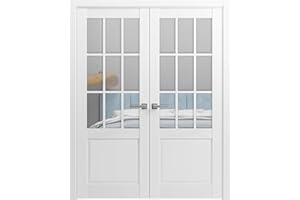 SARTODOORS Solid Interior French Double Doors 48 x 84 inches | Felicia 3599 White Silk with Clear Glass | Wood Solid Panel Frame Trims | Closet Bedroom Sturdy Doors