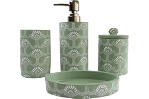Hymmah Green Bathroom Accessories Set,Unique Design Bathroom Set 4 Pcs Resin Gift Set Apartment Necessities, Contain Cotton Swab Jar,Soap Dispenser,Soap Dish,Tumbler White