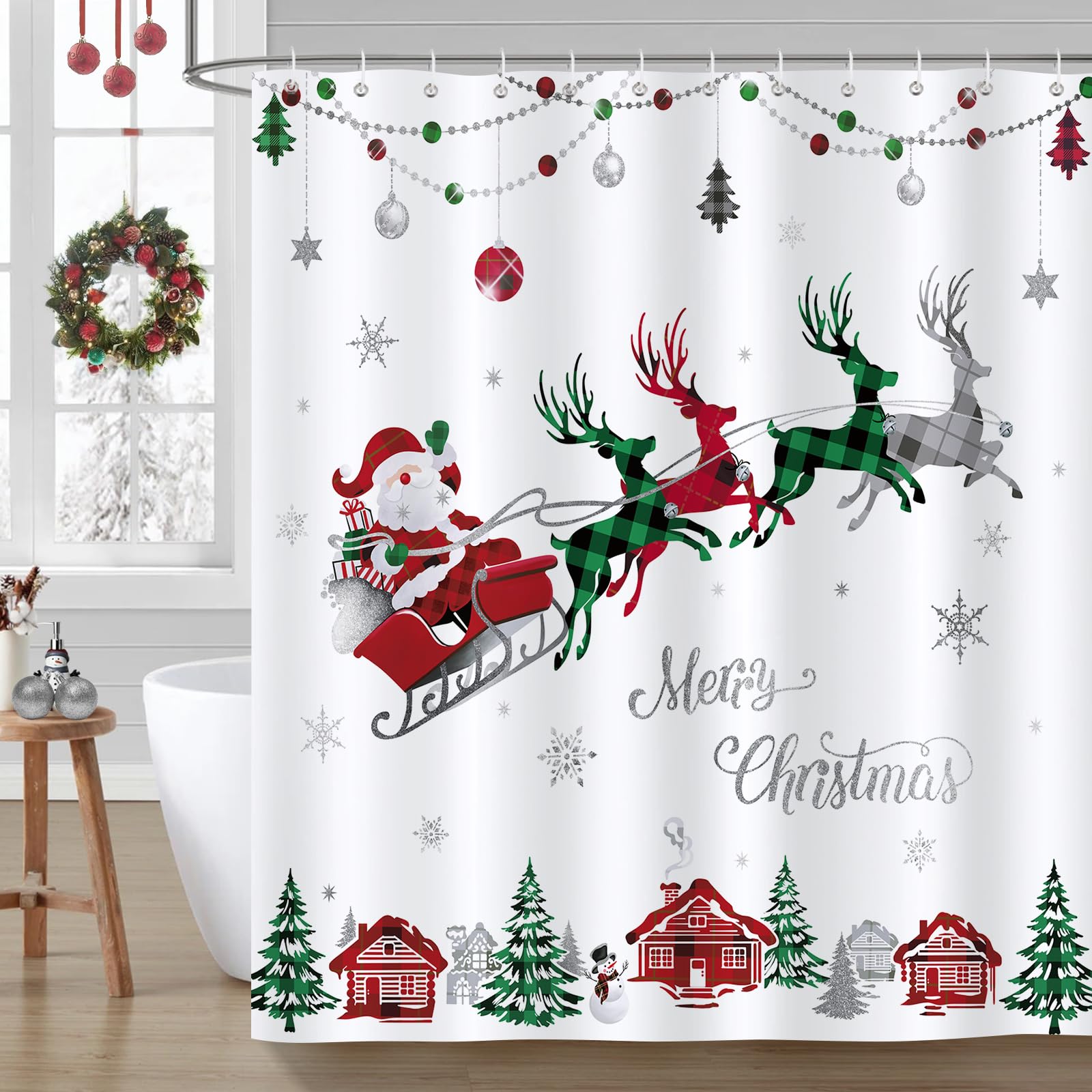 Bonhause Merry Christmas Shower Curtain Christmas Plaid Santa Claus Sleigh Reindeer Bathroom Curtain 180 x 180 cm Waterproof Mildew & Mould Resistant Polyester Fabric Bath Curtain with 12 Hooks