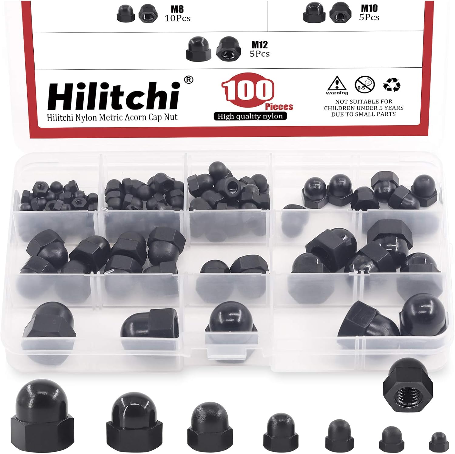 Hilitchi 7Sizes 100Pcs Black Nylon Acorn Nut Metric Inner