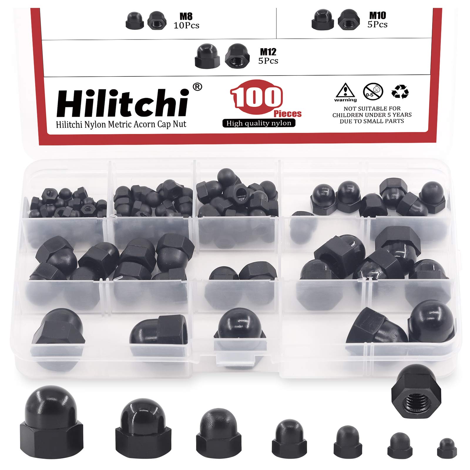 Photo 1 of Hilitchi 7Sizes 100Pcs Black Nylon Acorn Nut Metric Inner Threaded Cap Nuts Assortment Kit M3 4 5 6 8 10 12 Dome Nuts