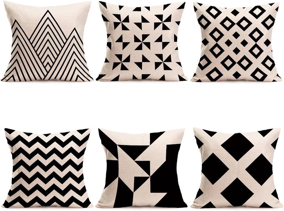 Modern Simple Geometric Style Pillow Covers U-Love Black &Beige Stripe Soft Linen Burlap Square Throw Pillow Cases, 18 x 18 Inches, Set of 6 (Geometric-1)