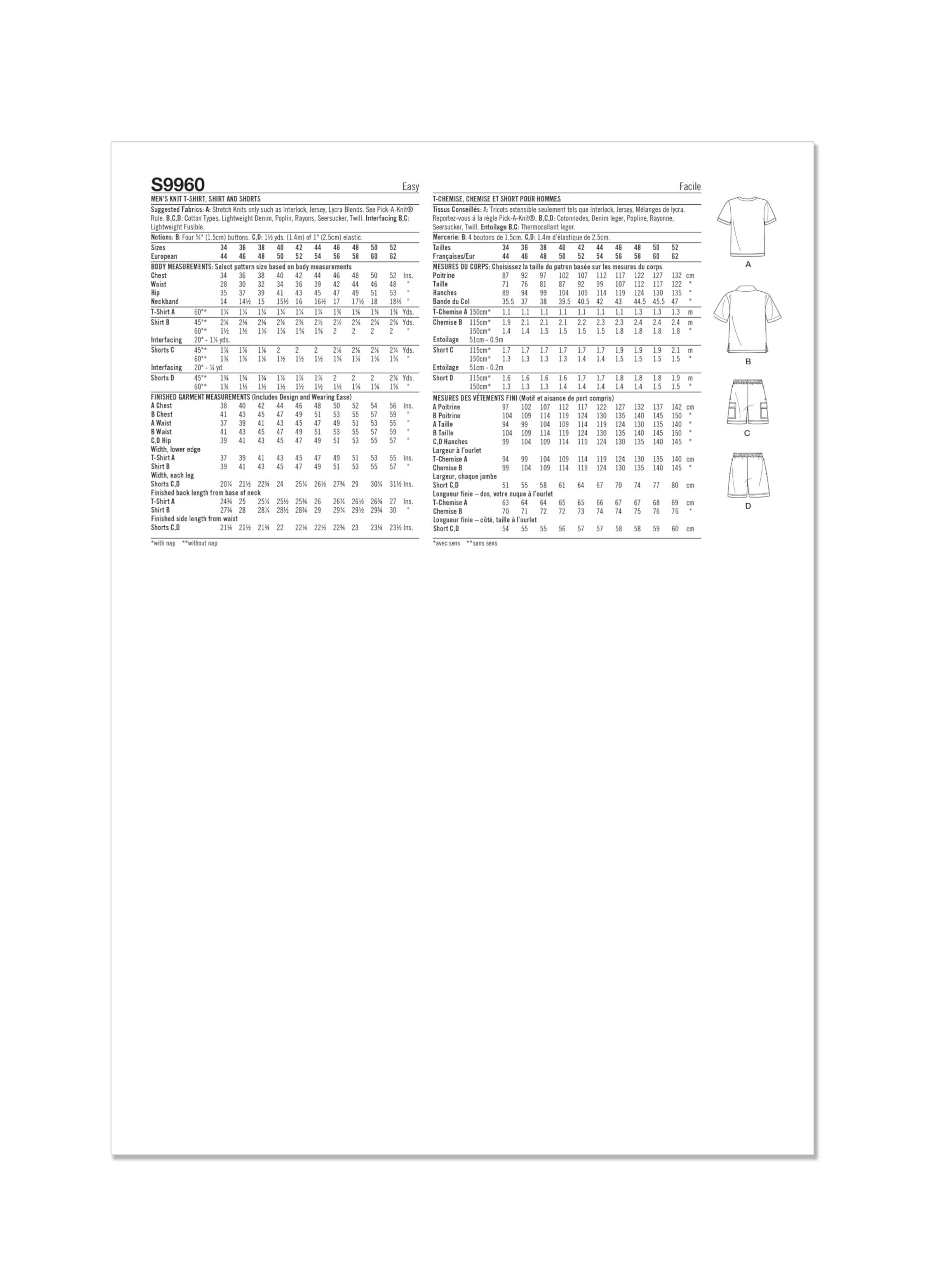 SIMPLICITY Sewing Pattern SS9960BB Men's Knit T-Shirt, Shirt and Shorts BB (44-46-48-50-52)