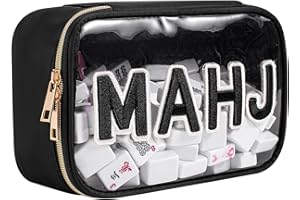 RSRSLEII Waterproof Empty Mahjong Tiles Bag,Suitable for 1.2 "(30mm) Standard Size American Mahjong Tiles,Clear Embroidery Letters Mahjong Tile Bag with Zipper,PVC Mahjong Case,Case Only (05Black)