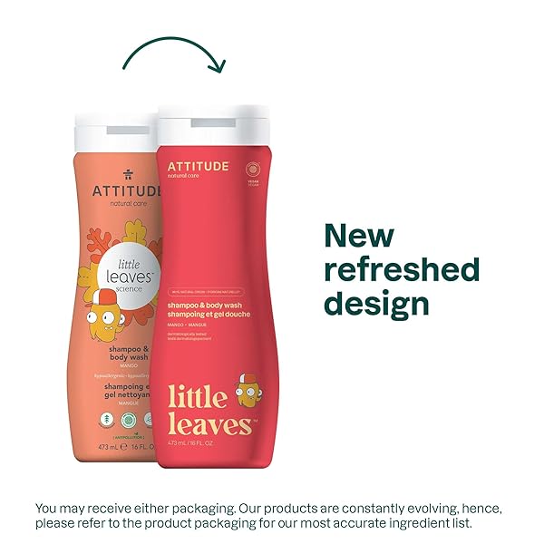 ATTITUDE SHAMPOO AND BODY WASH FOR KIDS, EWG VERIFIED HAIR AND BODY CLEANSER, DERMATOLOGICALLY TESTED SOAP, PLANT AND MINERAL BASED BATH PRODUCTS, VEGAN, MANGO, 16 FL OZ