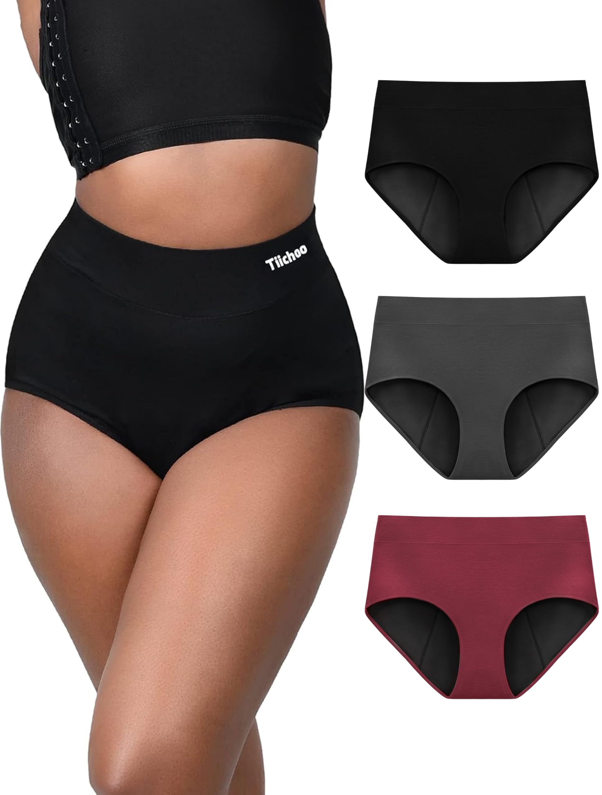 TIICHOO Period Pants Heavy Flow Ladies Incontinence Pants Washable Period Knickers 3 Pack(XL, Black/Burgundy/Gray)
