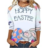Women's Happy Easter Shirt 3/4 Sleeve Funny Tops Rabbit Graphic Colored Eggs Print Tee T-Shirts Easter Day Gifts