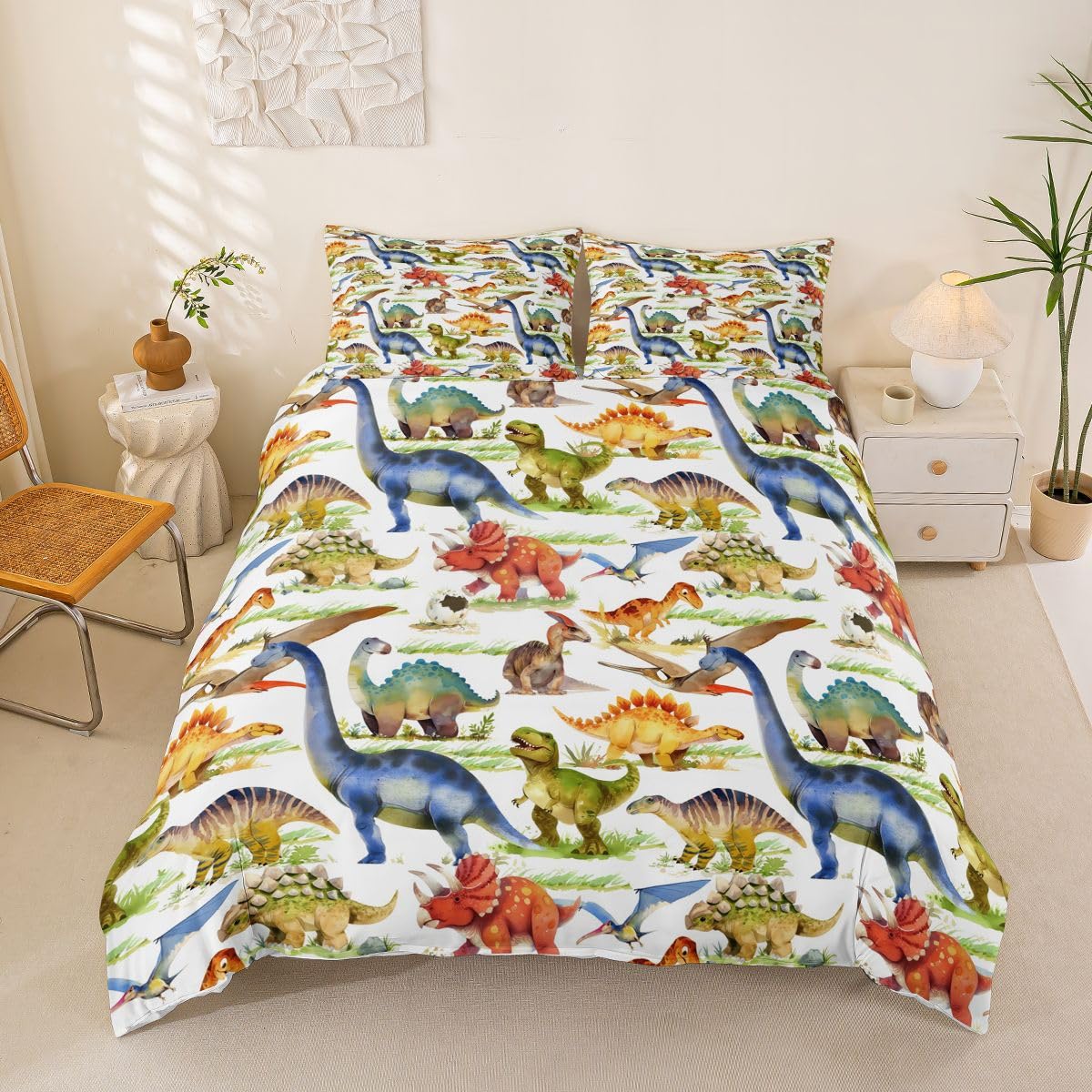 Dinosaur Bed Linen Cartoon Animals Bedding Set for Boys Girls Kids Children's Watercolor Dinosaur on White Decor Reversible Comforter Cover 3 Piece include 1 Duvet Cover 2 Pillowcases Double — image 1