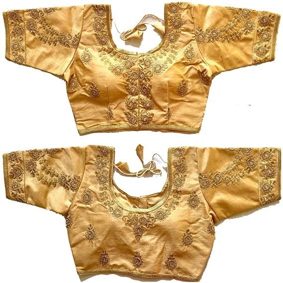 Women's Golden Colour Floral Embroidery Half Sleeves Design Silk Readymade Blouse For Saree And Lehenga Choli (38+4 inch margin)