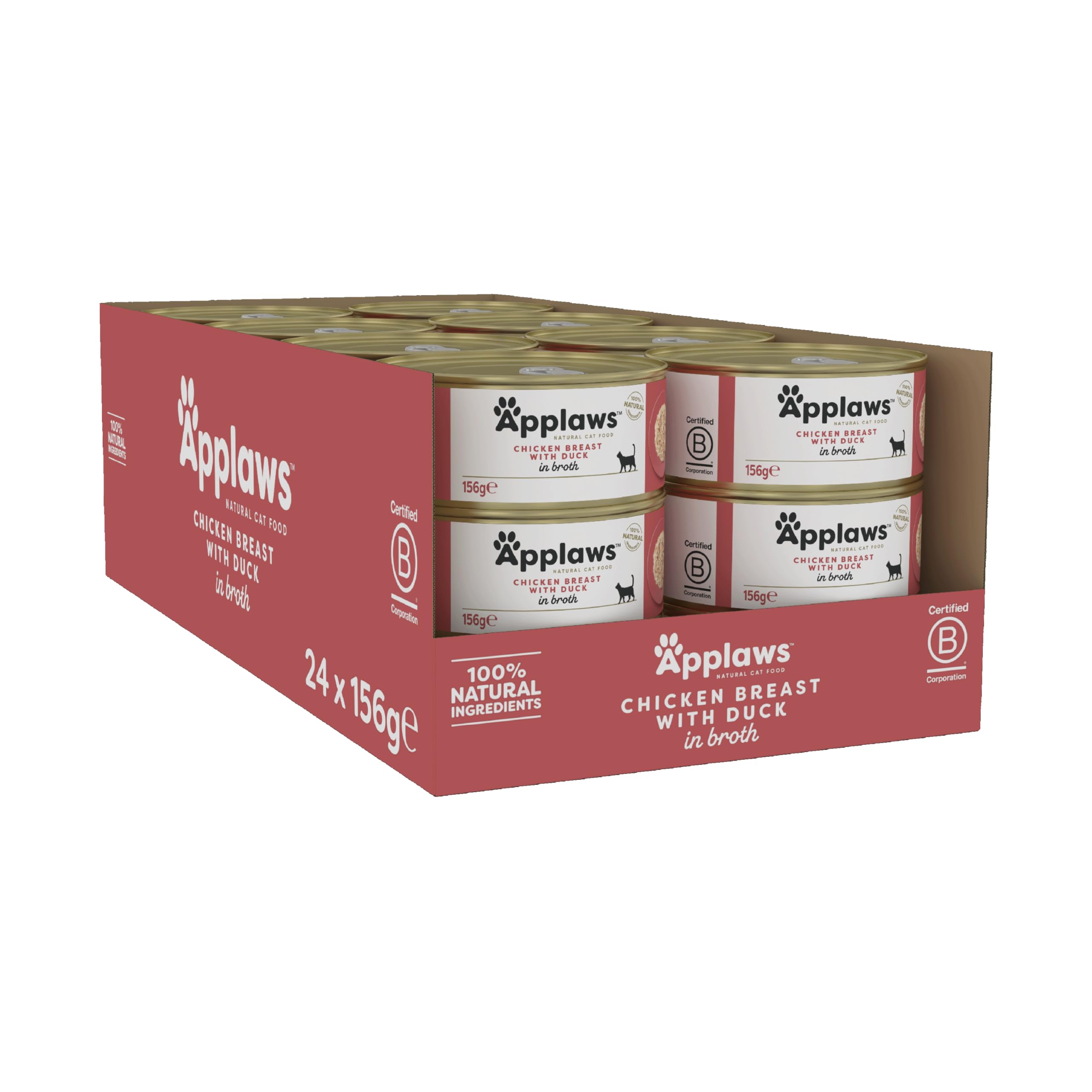 Applaws 100% Natural Wet Cat Food, Chicken with Duck in Broth for Adult Cats - Pack of 24 x 156 Tins
