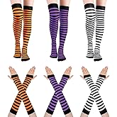 SATINIOR 6 Pair Women's Striped Knee High Winter Thigh Socks Arm Warmer Fingerless Gloves Christmas
