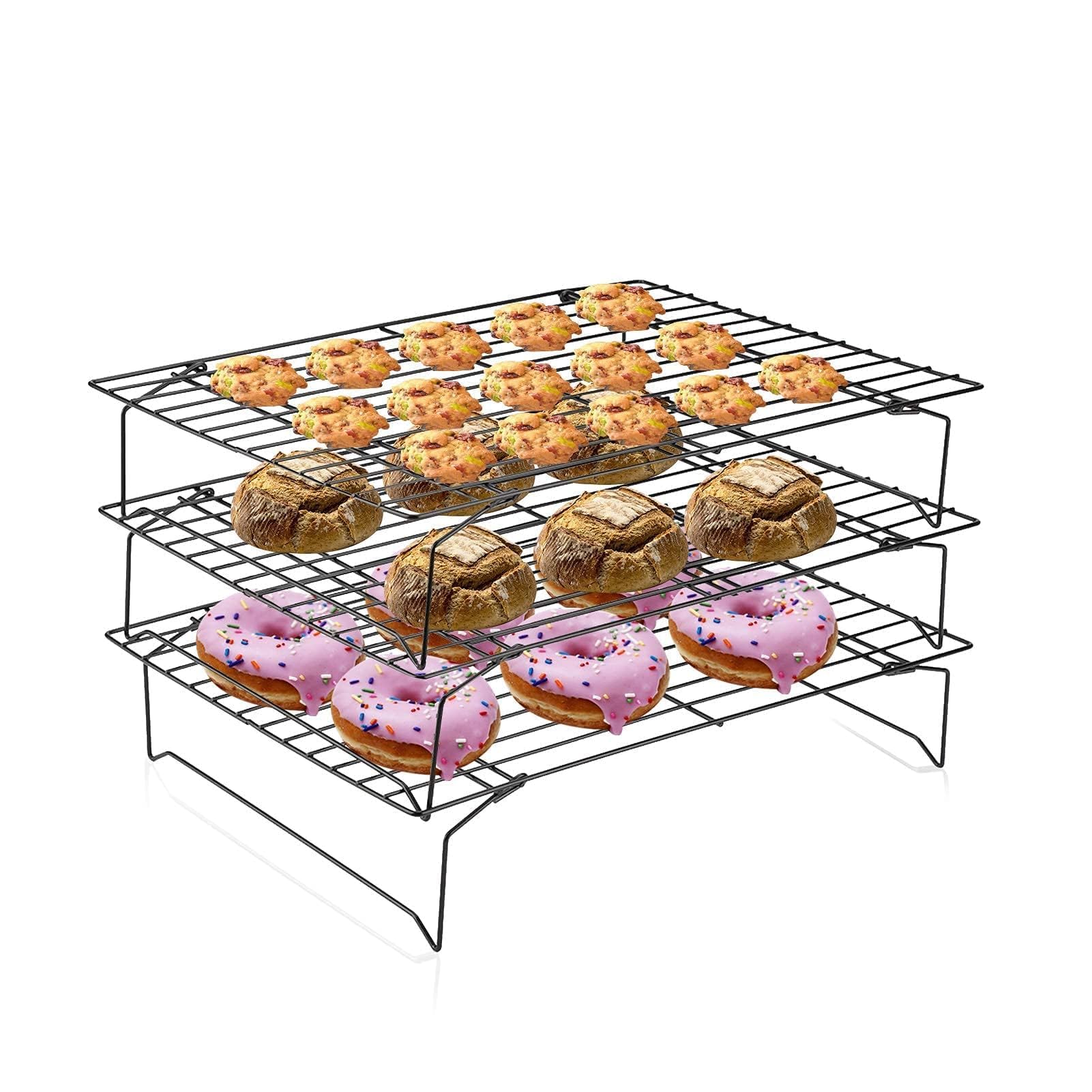 Cooling Racks for Baking, 3 Tier Stackable Nonstick Carbon Steel Baking Cooling Grill Tray Baking Rack Stacker for Biscuit Cake Bread, Oven Rack Large with No Artificial Coatings